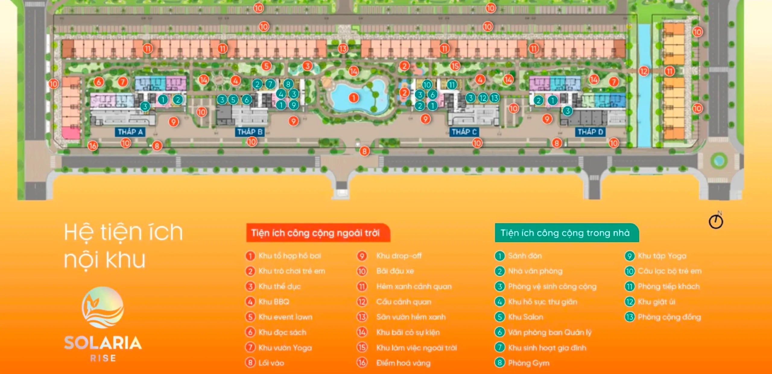 Sơ đồ tiện ích nội khu Solaria Rise với 4 tháp căn hộ, hồ bơi trung tâm và danh mục tiện ích ngoài trời, trong nhà