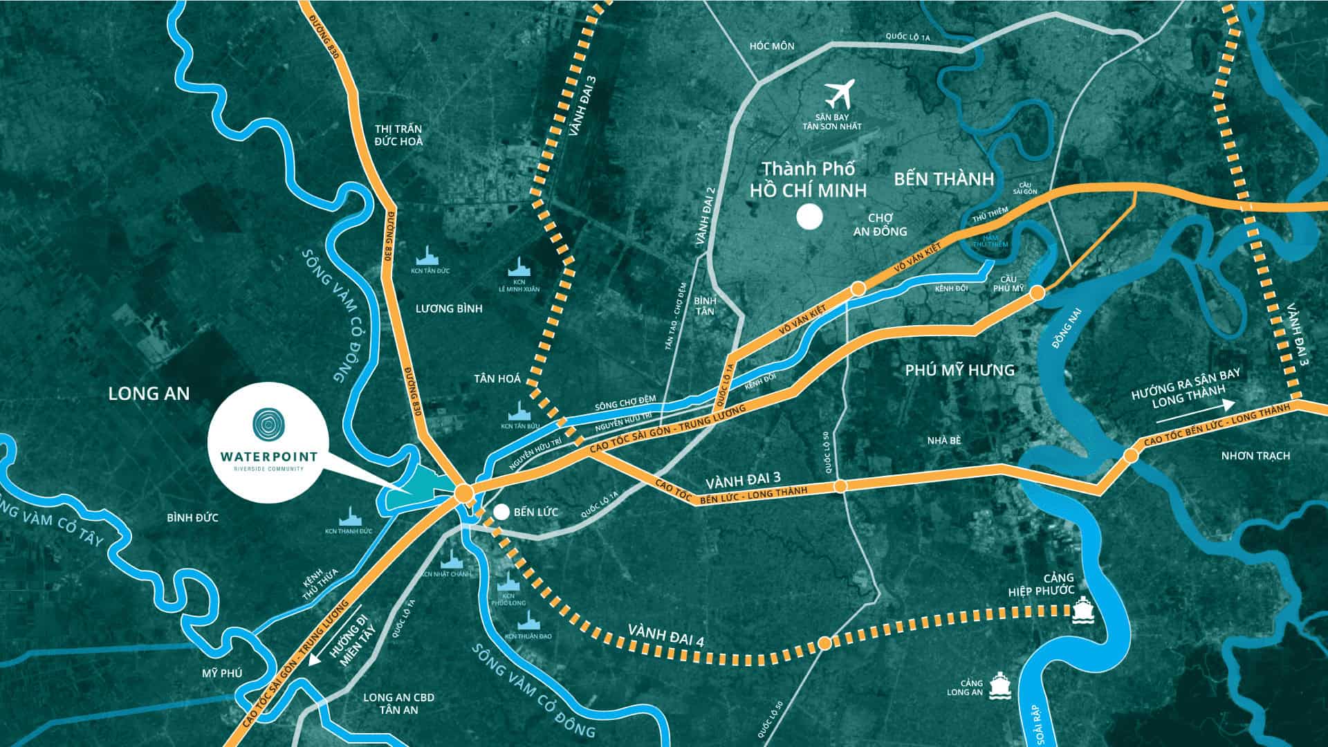 Sơ đồ kết nối giao thông của khu đô thị Waterpoint với TP. Hồ Chí Minh và các trục vành đai, cao tốc