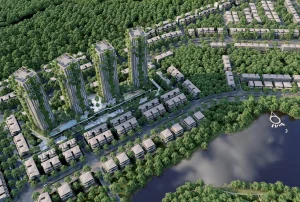 Cụm tháp căn hộ Forest Onsen phủ mảng xanh nhìn từ trên cao cạnh hồ nước và khu biệt thự Eco Retreat