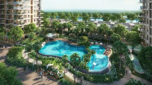 Phối cảnh cụm hồ bơi nội khu dưới chân các tòa nhà tại Solaria Rise