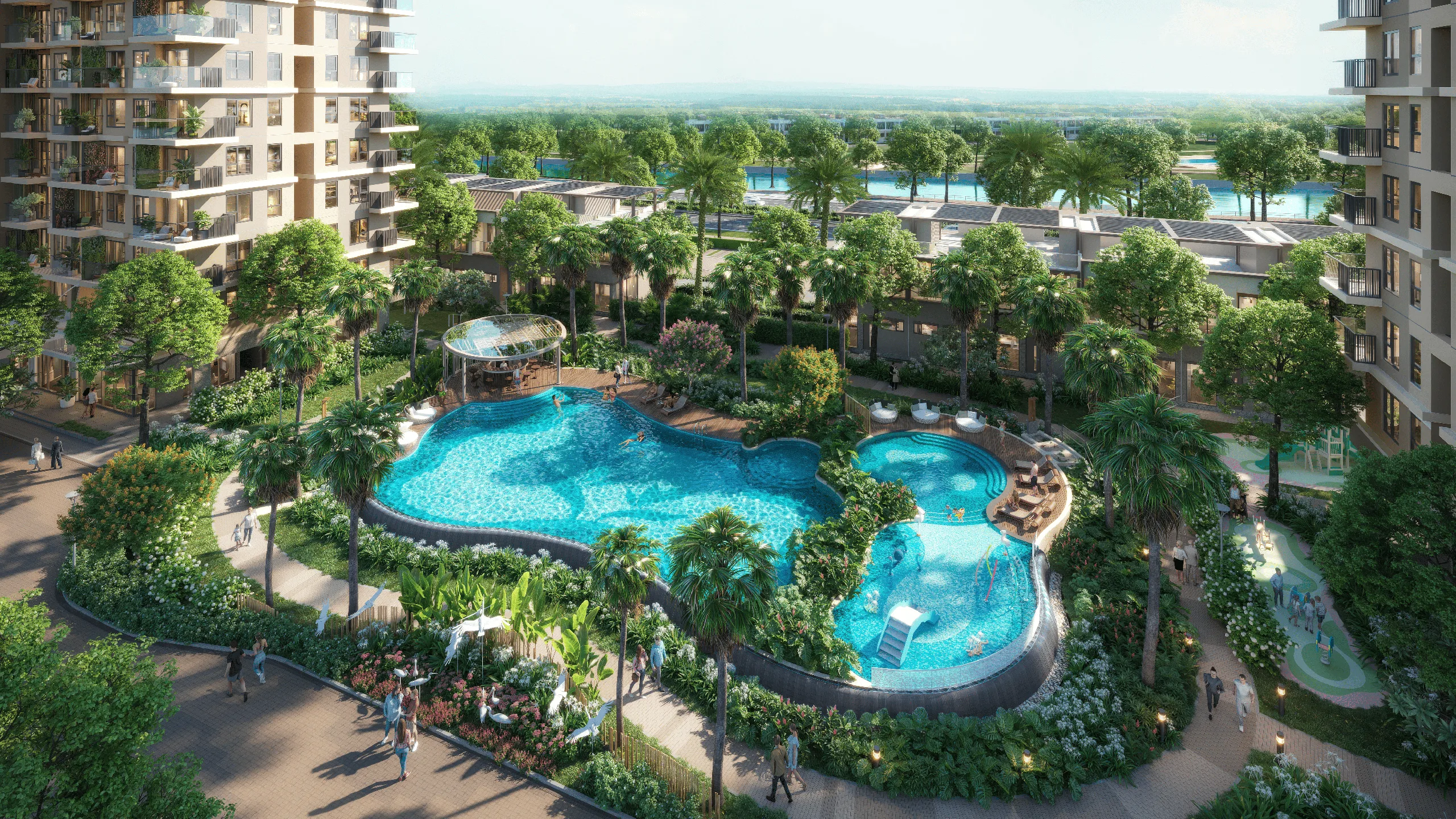 Phối cảnh cụm hồ bơi nội khu dưới chân các tòa nhà tại Solaria Rise