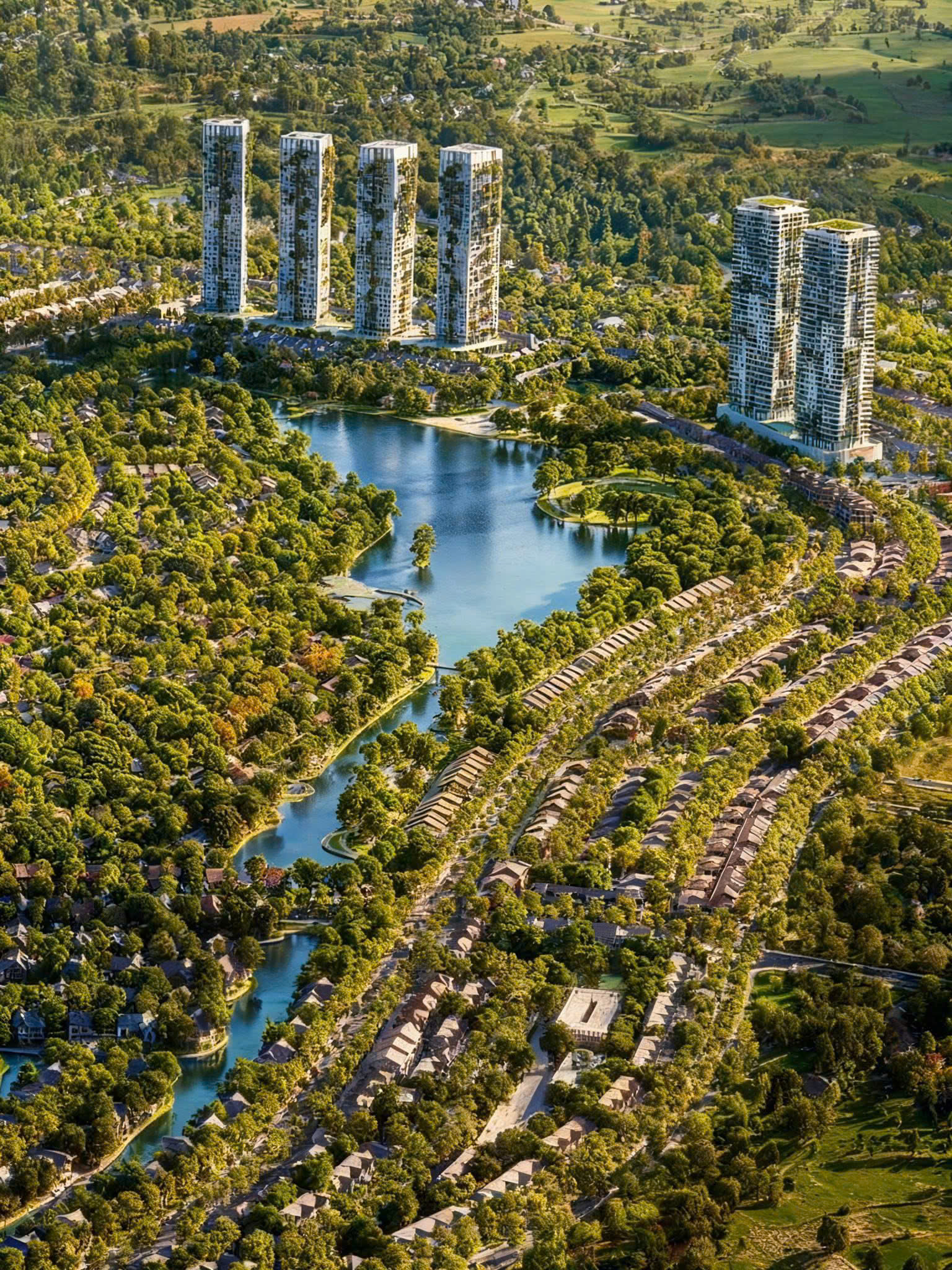 Sáu tòa tháp Forest Onsen chia hai cụm nổi bật giữa rừng cây và hồ nước tại Eco Retreat