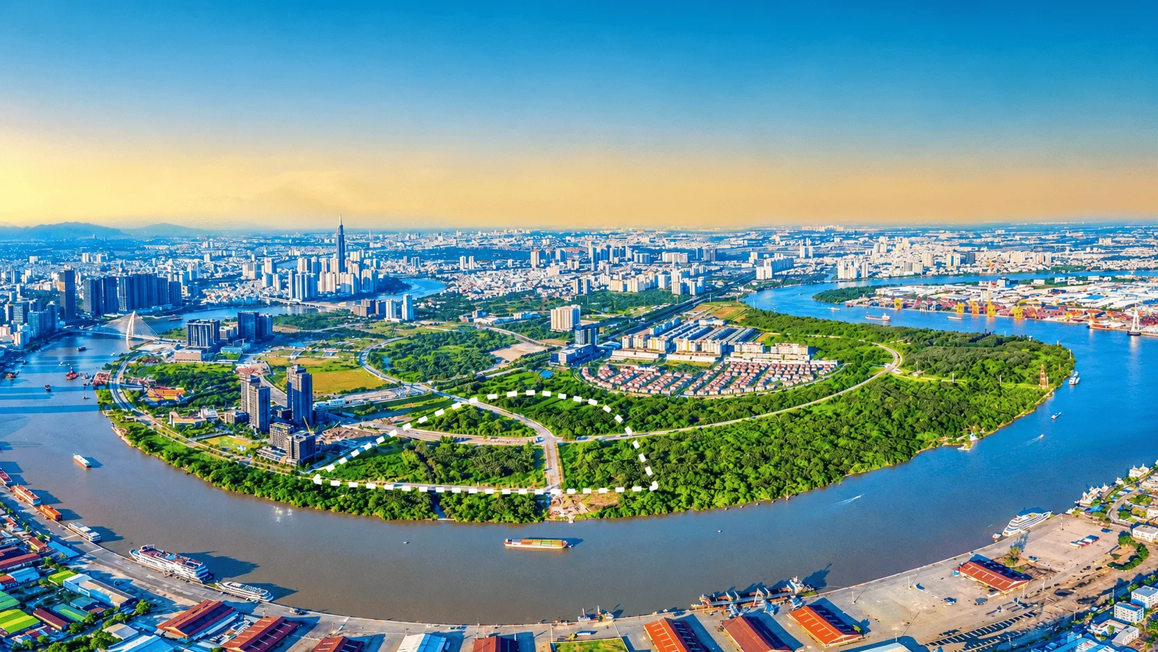 Ảnh chụp thực tế bán đảo Thủ Thiêm với khu đất quy hoạch được đánh dấu ranh giới