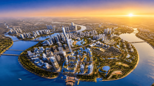 Phối cảnh tổng thể bán đảo Thủ Thiêm nhìn từ trên cao với sông Sài Gòn bao quanh