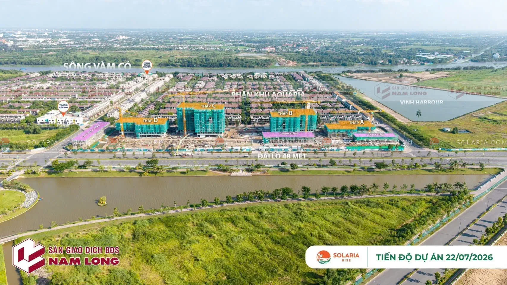Toàn cảnh tiến độ thi công Solaria Rise tại Waterpoint cập nhật ngày 22/7/2026 với 4 tòa tháp A, B, C, D