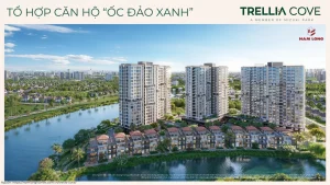 Phối cảnh tháp căn hộ Trellia Vista trong phân khu Trellia Cove ven sông tại Mizuki Park