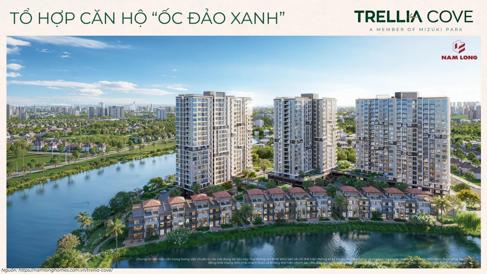 Phối cảnh tháp căn hộ Trellia Vista trong phân khu Trellia Cove ven sông tại Mizuki Park